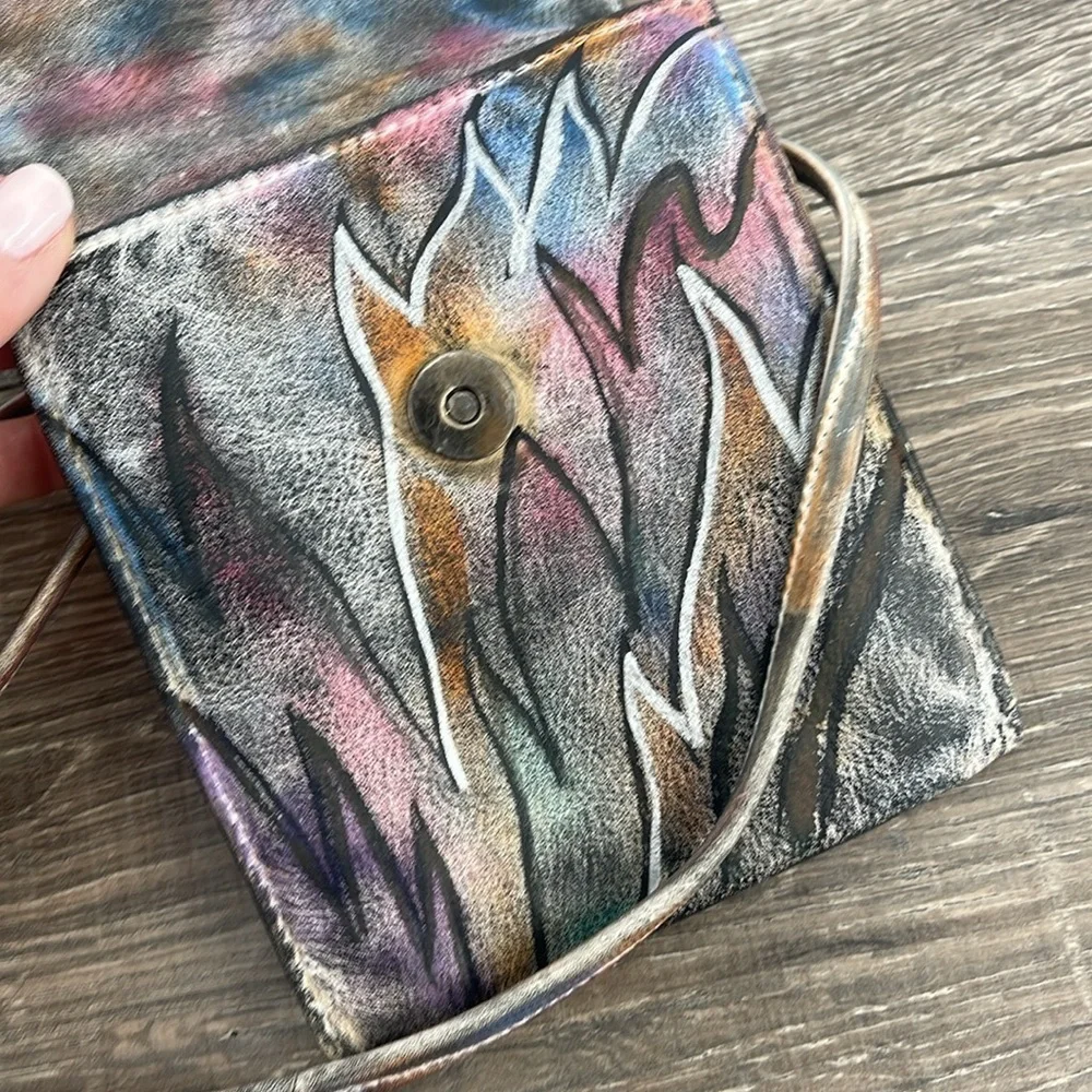 BOTARY hand painted genuine leather crossbody with outside “kiss” coin purse